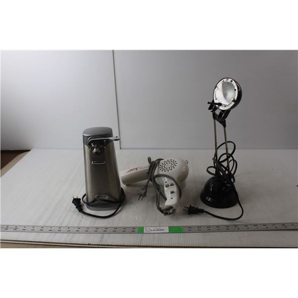 Cuisinart Electric Can Opener, Hotstuf Blow Dryer & Ikea Desk Lamp- All Power On