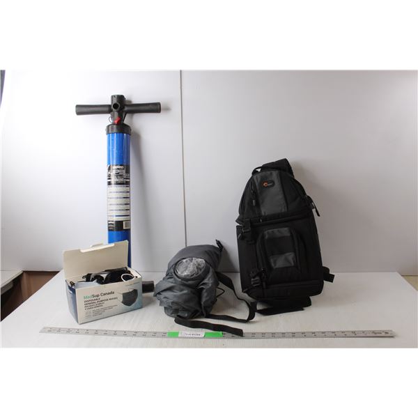 Lowerpro Insulated Bag, Disposable Masks, Bravo High Pressure Hand Pump, Coors Lazy Bag Chair
