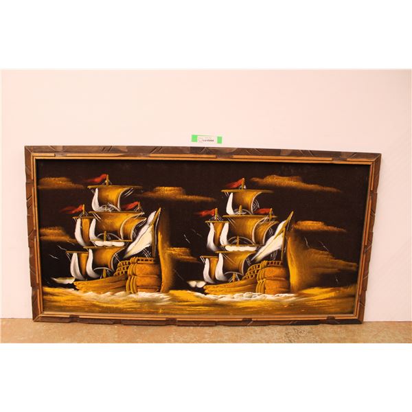 * Velvet Ship Painting in Wood Frame - 25" x 48" - CANNOT SHIP