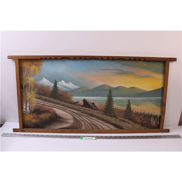 Mountain Scene Painting in Wood Frame - 17" x 36"  - Needs Reinforcement on Back of Pai