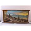 Image 1 : Mountain Scene Painting in Wood Frame - 17" x 36"  - Needs Reinforcement on Back of Pai