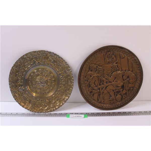German Beer Hall Copper Plated Wall Plate -12.5" & Aztec Inspired Brass Wall Plate - 12"