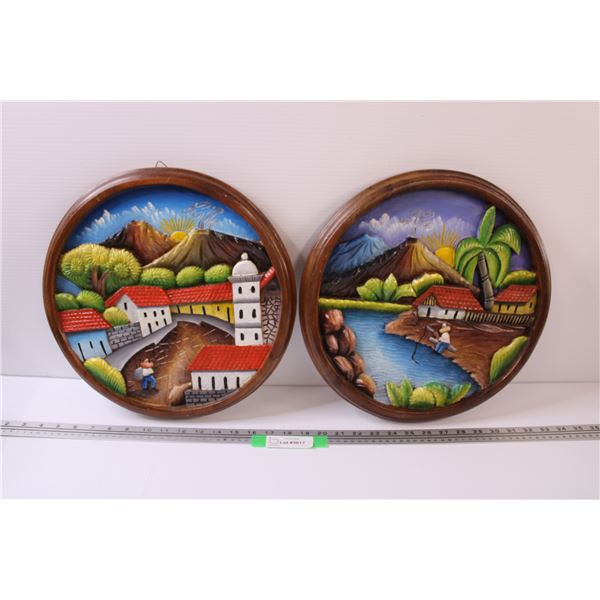(2) Vintage Carved 3D Village Painting in Wood Frame - 14.5" Diameter