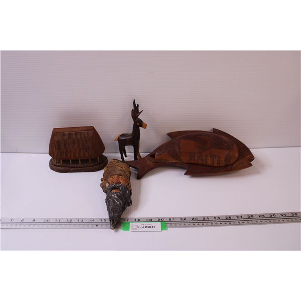 (4) Custom Wood Carvings: Village Hut, Deer, Woodsman, Haiti Storage Fish Dish