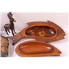 Image 6 : (4) Custom Wood Carvings: Village Hut, Deer, Woodsman, Haiti Storage Fish Dish