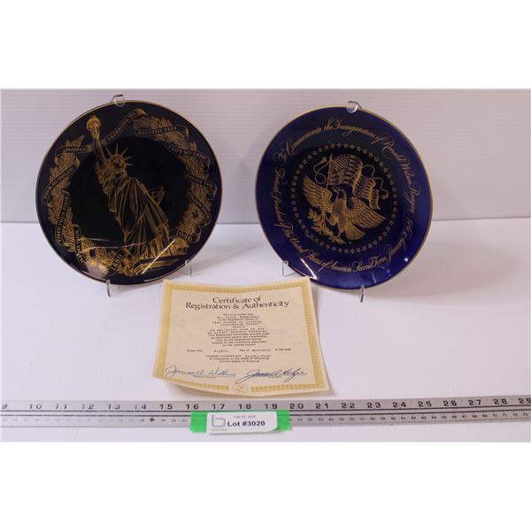 (2) American Collector Plates & Stands: The Statue of Liberty w/ Certificate & 198th Presidential In