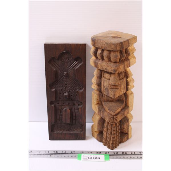 Wood Carved Totem - 13" & Windmill Wall Art Plaque - 12"