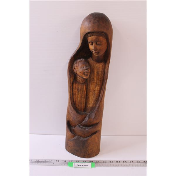 Wood Carved Mother & Child Statue - 21" x 6"