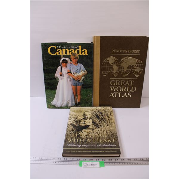 (3) Hardcover Books: Readers Digest World Great Atlas, A Day in the Life of Canada, Province with A 