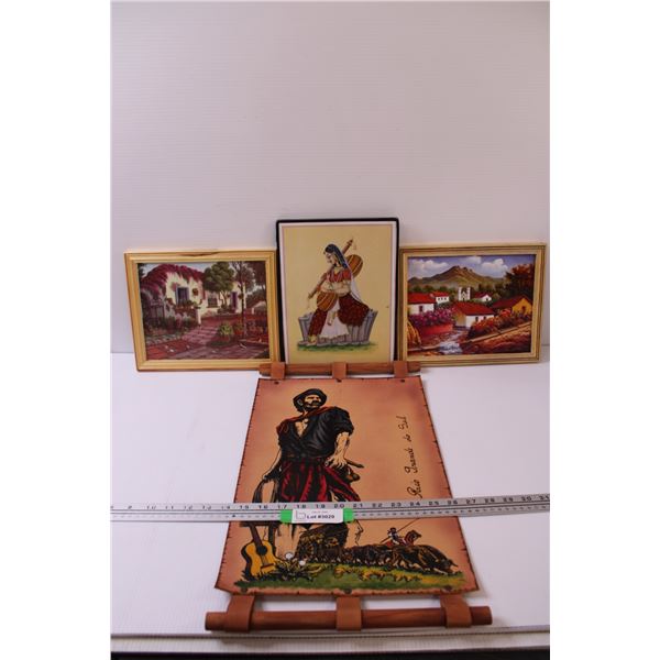 Rio Grande Do Sul Leather Painting & Carving Banner - 12" x 22", (2) Italian Scene Pictures - 8" x 1