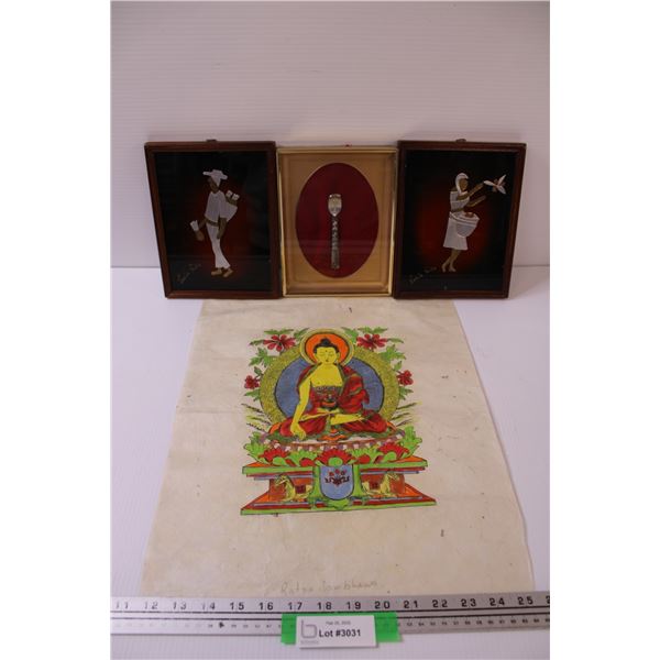 Tibetan Buddhist Art - 14" x 18", (2) Metal & Glass Art Villagers Pictures - 7" x 9", Tuktoyaktuk So