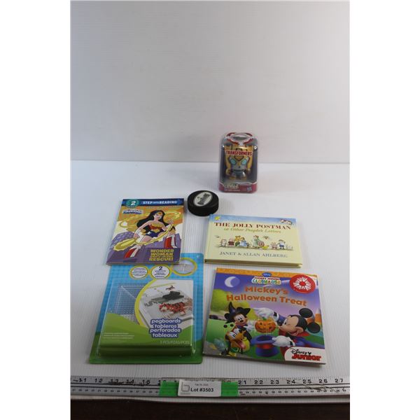 Mighty Muggs Transformers Bumblebee Toy, Hockey Puck, Pegboard and Kids Books