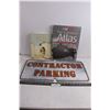 Image 1 : (2) Books (Canadian Atlas, Far Side Cartoon Book), Metal Sign "Contractor Parking" 24" x 12"