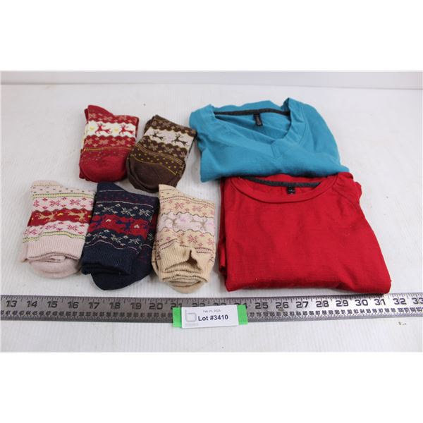 (2) Segments Women's Long Sleeve Pull Overs - Size S, (5) Pair "Winter Theme" Ladies Socks