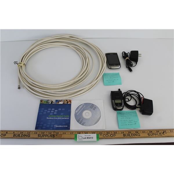 (2) Mobile Phones (Sanyo Flip, Blackberry), Co-Axial Cable w/User Guides - Approx 50 feet