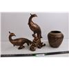 Image 1 : Pair of Copper Color Resin Peacocks - Tallest 13", Ceramic Vase 6" Tall x 6" Dia