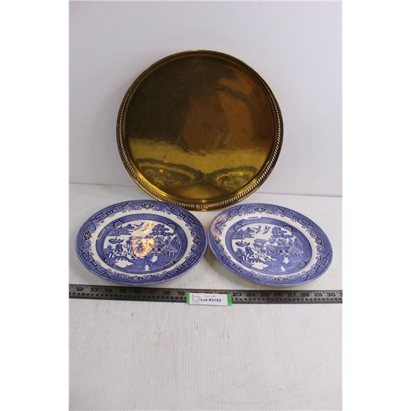 Metal Serving Tray 14" Dia, (2) Churchill "Oriental Themed" Dinner Plates