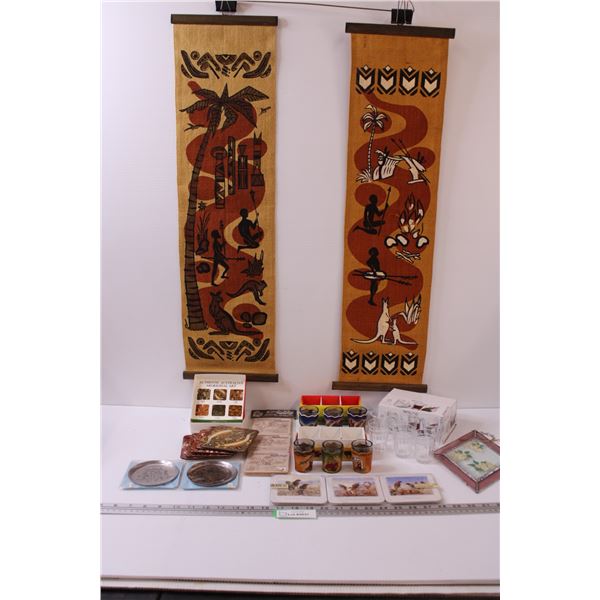 (2) Boliva Shot Glass Sets, Clear Glass Shot Glass Set, (4) Australian Aboriginal Art Coaster Sets, 