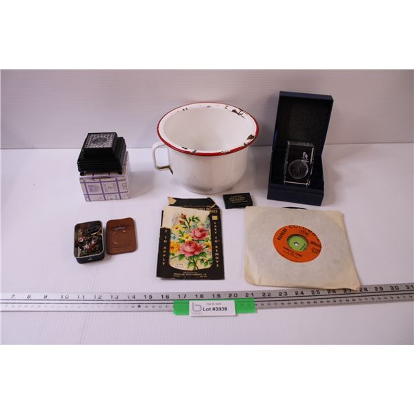 Enamel Pot, 3D Paper Weight in Box, Assorted Records, Vintage Decals, Light on Stand, Misc