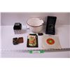 Image 1 : Enamel Pot, 3D Paper Weight in Box, Assorted Records, Vintage Decals, Light on Stand, Misc