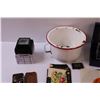 Image 3 : Enamel Pot, 3D Paper Weight in Box, Assorted Records, Vintage Decals, Light on Stand, Misc