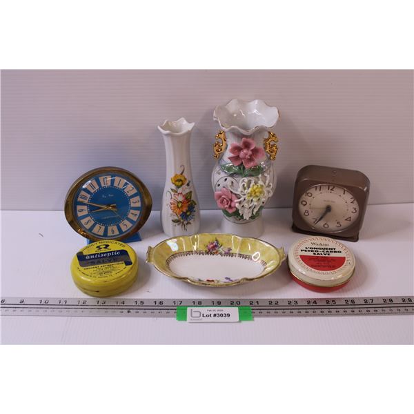 Porcelain Floral Vase, (2) MCM Battery End Table Clocks - As Is, Vase, (2) Vintage Salve/Ointments i
