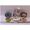 Image 1 : Porcelain Floral Vase, (2) MCM Battery End Table Clocks - As Is, Vase, (2) Vintage Salve/Ointments i