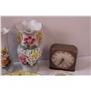 Image 3 : Porcelain Floral Vase, (2) MCM Battery End Table Clocks - As Is, Vase, (2) Vintage Salve/Ointments i