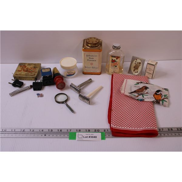 (2) Kerchiefs, (2) Vintage Razors, Vintage Plug Adapters, Johnsons Baby Powder Tin, Misc