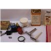 Image 3 : (2) Kerchiefs, (2) Vintage Razors, Vintage Plug Adapters, Johnsons Baby Powder Tin, Misc