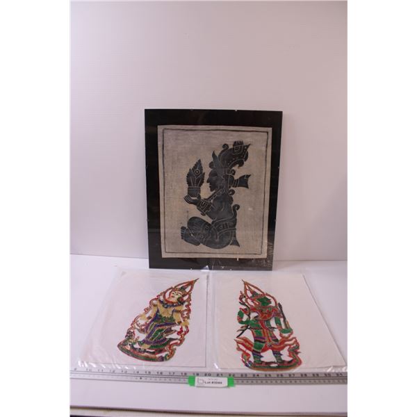 (2) Hand Painted Vellum Thai Buddhist Art - 14" x 6" & Mayan God of Rain Print in Frame - 16" x 20"