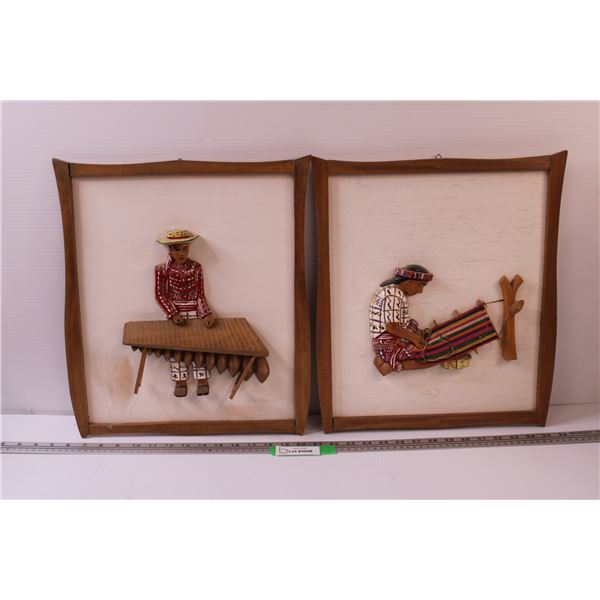 (2) South American 3D Carved Art Picture - 15" x 17"