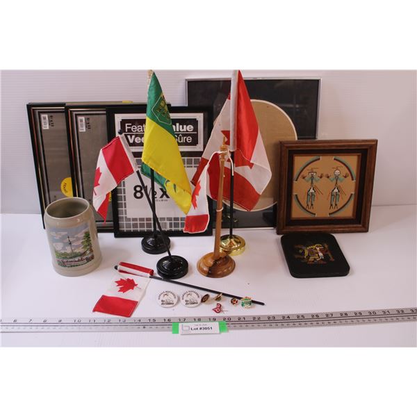 (4) Picture Frames - Assorted, (2) Indigenous Art Pictures, (5) Flags, Beer Stein