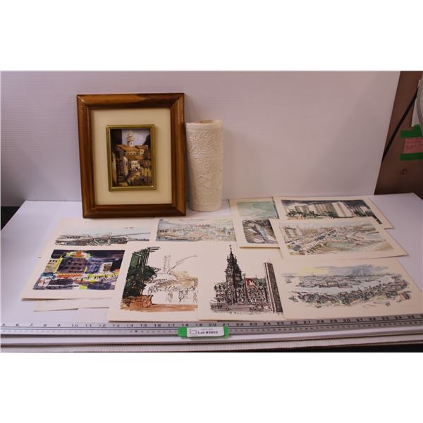 (8) German Art Prints - 12" x 8.5" & Italian Painting in Frame - 11.5" x 14" & Filigree Wall Paper