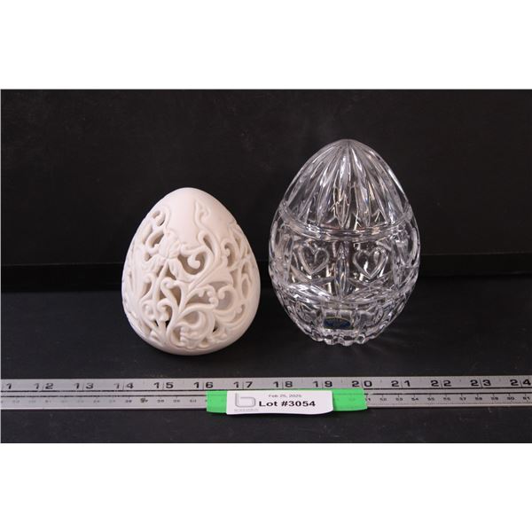 Bohemia Czech Republic Crystal Egg - 5.5" Tall & Egg Shaped Porcelain Lace & Tulip Style Carved