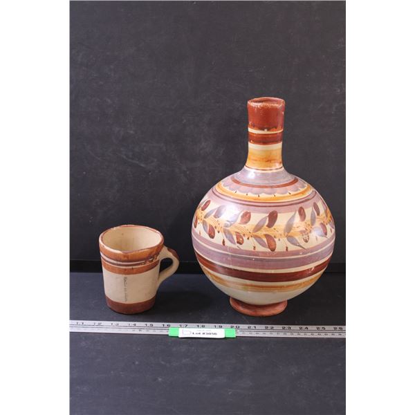 Hand Made Pottery Vase/Jug - Made in Mexico - 13" Tall & Pottery Mug - Made in Mexico