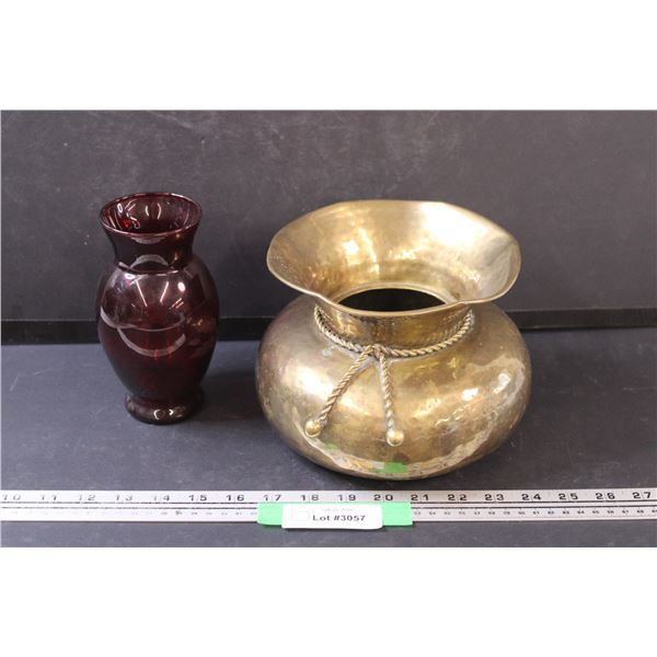 Brass Spittoon - 6" x 8" & Red Glass Vase - 6.5" Tall