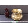 Image 1 : Brass Spittoon - 6" x 8" & Red Glass Vase - 6.5" Tall