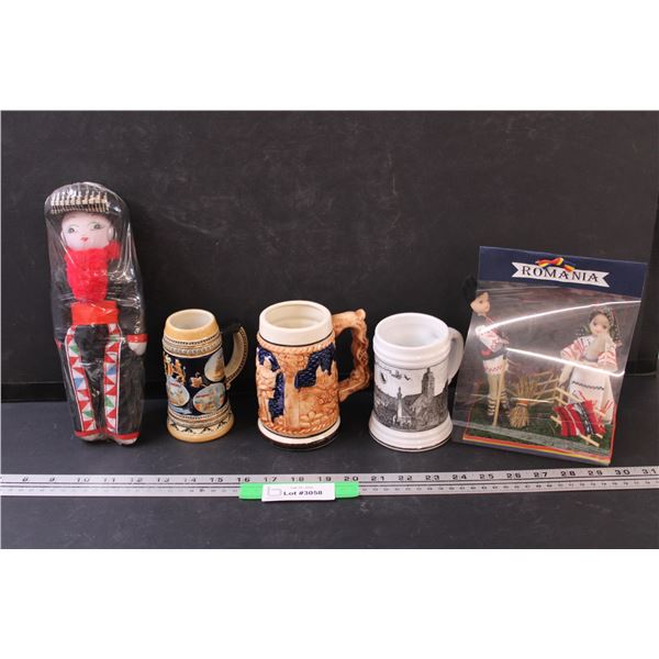 (3) Beer Steins - Assorted, (2) Romania Figurines - Various