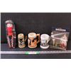 Image 1 : (3) Beer Steins - Assorted, (2) Romania Figurines - Various