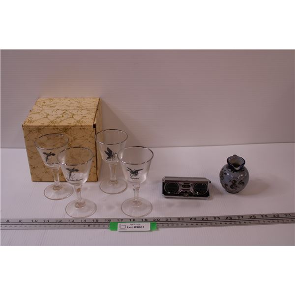 Deville Sport Glasses/Binoculars, Rooster Asian Mini Pitcher, (4) Wild Bird Game Wine Goblets w/Box