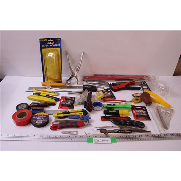 Tool Lot: Safety Goggles, Electrical Tape Rolls, Razor Blades, Teflon Tape, Leather Punch, Utility K