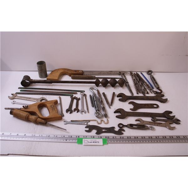 Tool Lot: Drill Bits, Saws & Blades, Various Wrenches, Turnbuckles/Line Tensioners, Misc