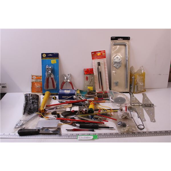 Tool Lot: Eyelet Pliers/Punch Pliers, Hinges, Paint Brushes, Glass Cutting Tool, Sparking Tool, Misc