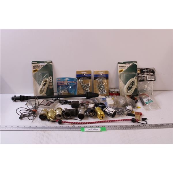 Hardware Lot: Light Bulb Sockets, Bungee Cord, Turnbuckles, Telephone Line Cord, Misc