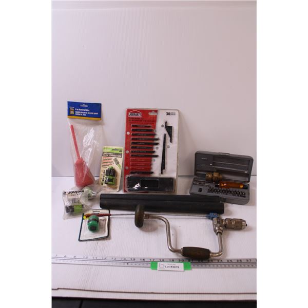 Tool Lot: Hand Drill, Jigsaw Blade Set - NOS, Screwdriver Set, Hose Connectors, Battery Filler, Misc