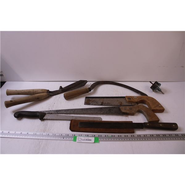 Tool Lot: Scythe, Trimmer, (2) Saws, (2) Knives, Hole Saw