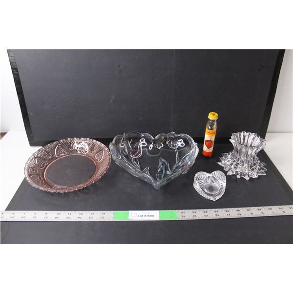 (4) Glass Storage Items Up to 9" Wide, Vintage Bottle of Fowler's Strawberry Extract WILL NOT SHIP