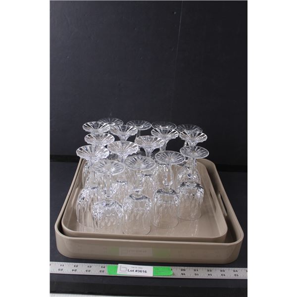 (16) Crystal Wine Glasses 6.25" Tall and (2) Trays Up to 14.75" Wide