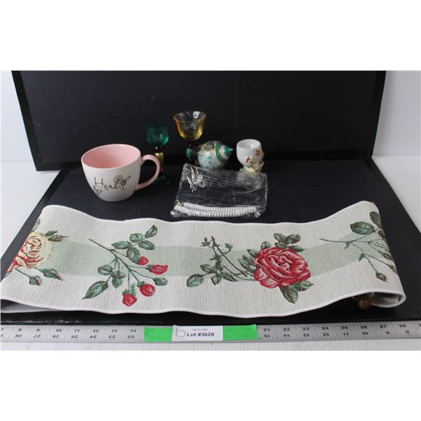 Flowered Wall Banner 39.5" Long, No Tie Shoelaces, 'Hers' Coffee Mug, Misc.